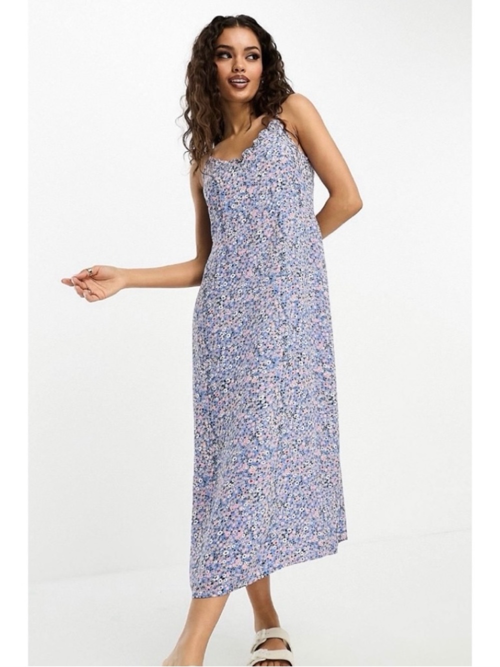 PIECES ASOS Blue Ditsy Floral Midi Slip Dress Size Large